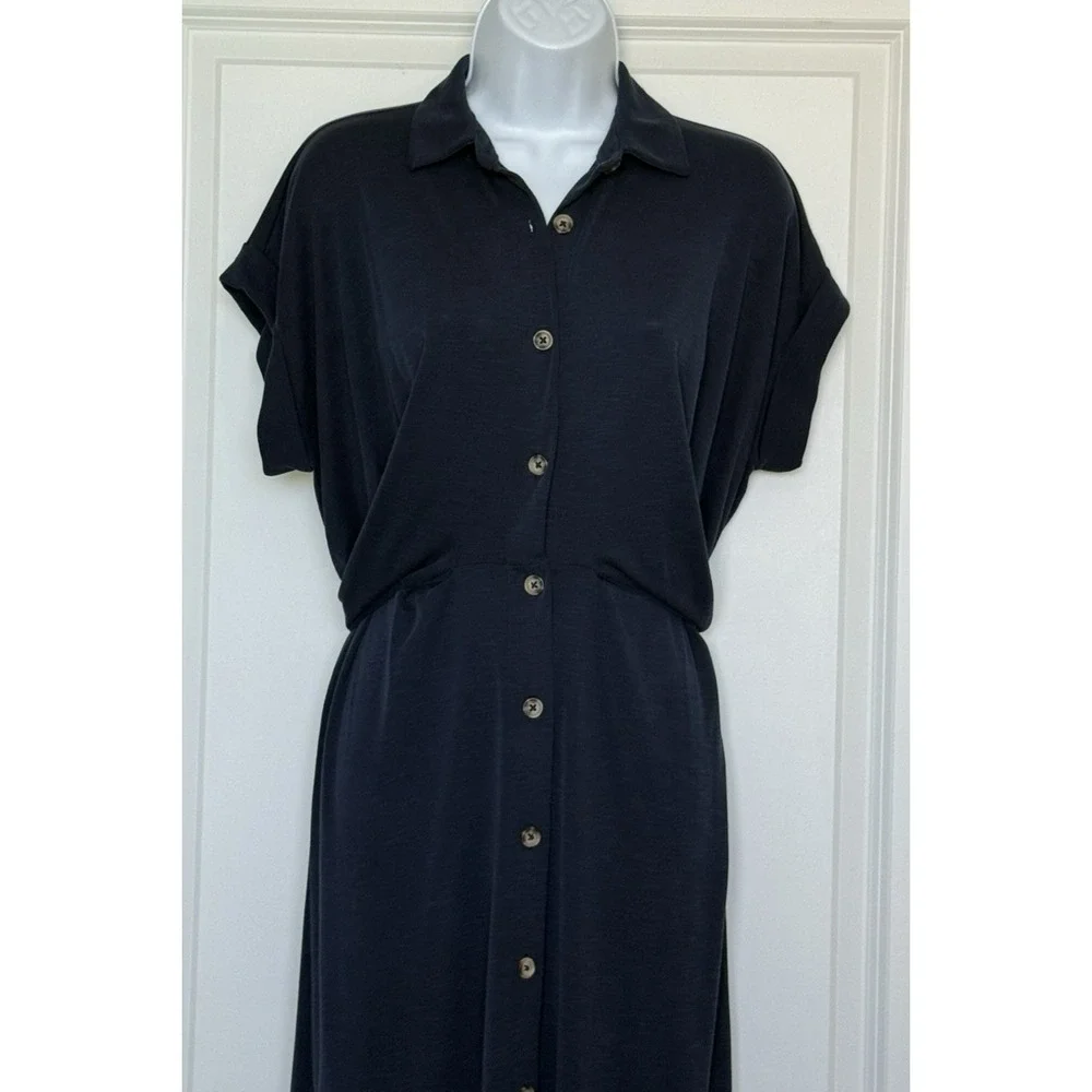 Ann Taylor LOFT Full Button Twist Tie Waist Stretch Shirt Midi Dress Navy Sz 10P